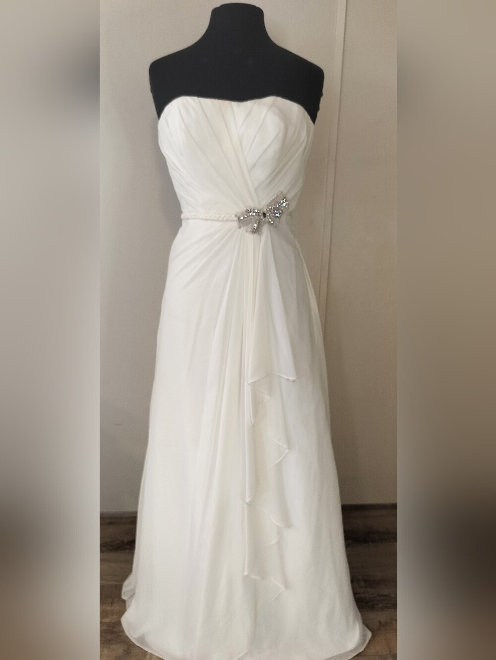 White Strapless Chiffon Wedding Gown with Jeweled Waist Accent